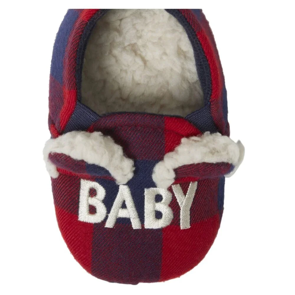 Dearfoams Cozy Comfort Baby Size 3/4 Slippers Baby Bear Plaid Flannel Lining